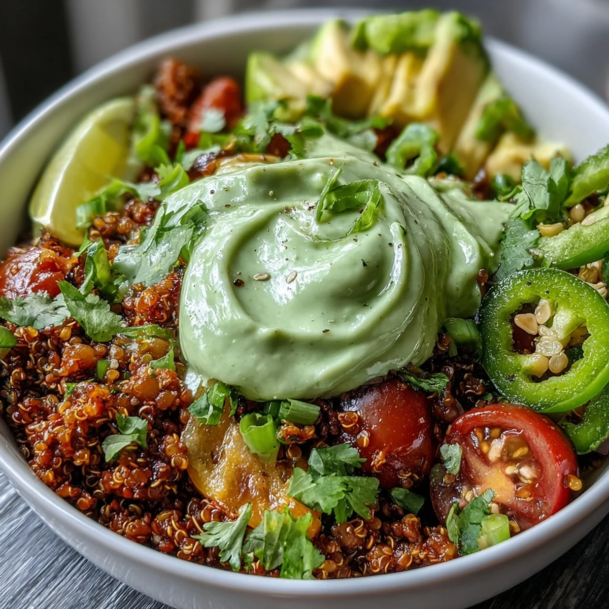 Wholesome lentil and quinoa taco filling topped with avocado lime crema, tomatoes, corn, and cilantro.