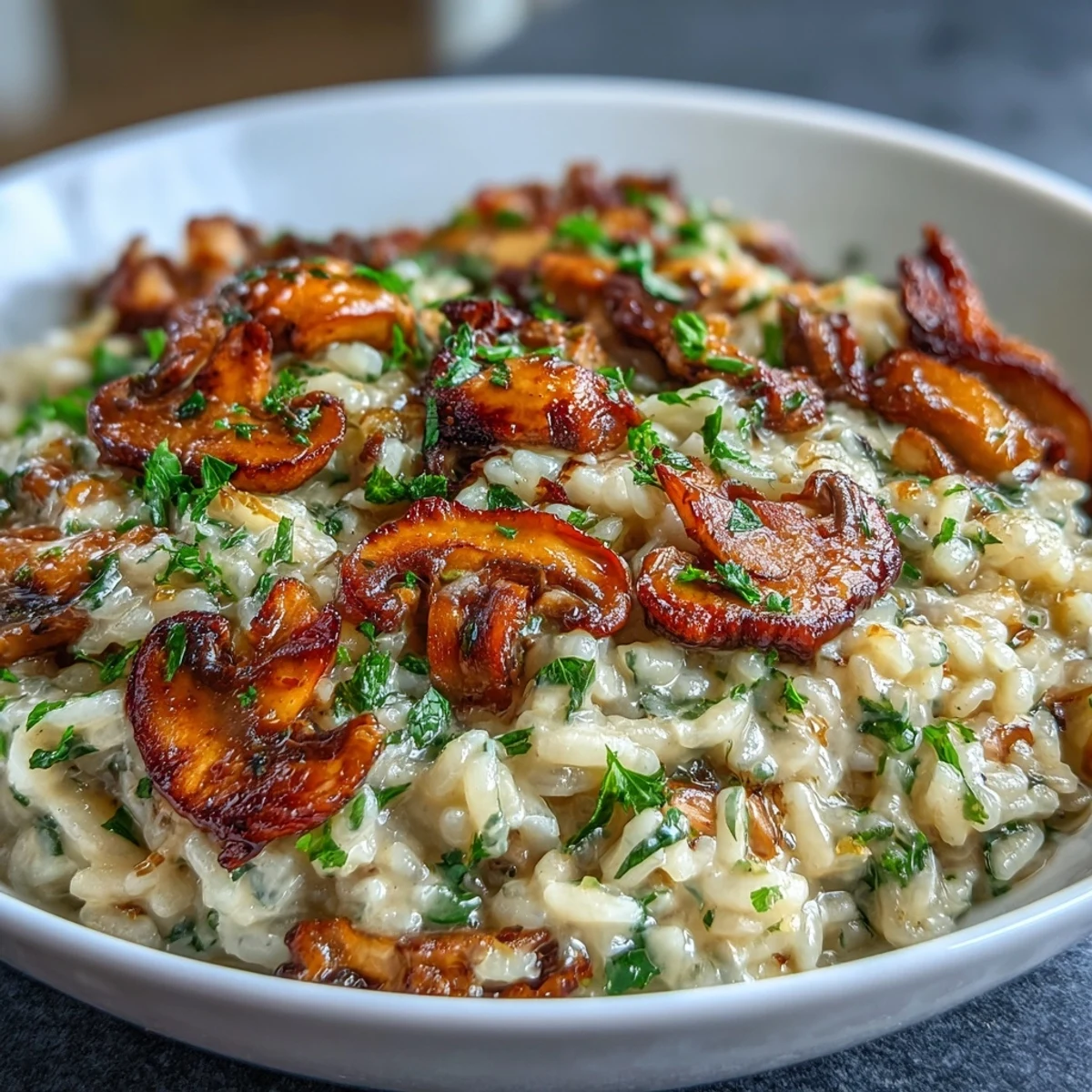 Luxurious wild mushroom risotto with truffle oil, showcasing tender mushrooms and a glossy, creamy texture.