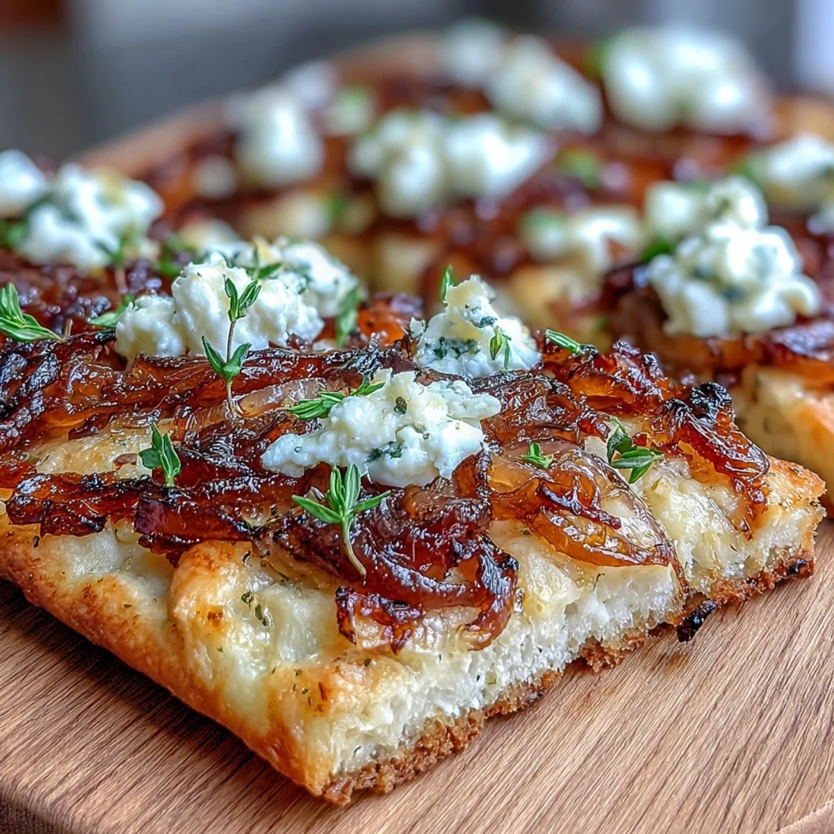 A golden flatbread layered with sweet caramelized onions and tangy goat cheese, garnished with fresh thyme for an elegant appetizer.  