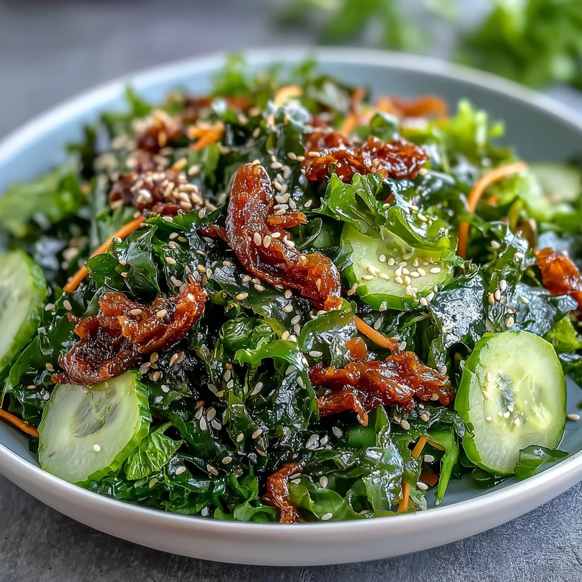 This Asian-inspired seaweed salad features mixed greens, roasted nori, sesame seeds, and fresh julienned vegetables.  