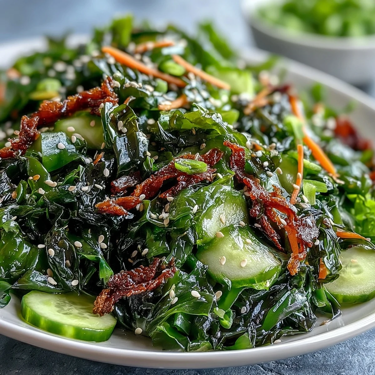 A refreshing vegan seaweed and nori salad with sesame-ginger dressing, perfect for a light and healthy meal.