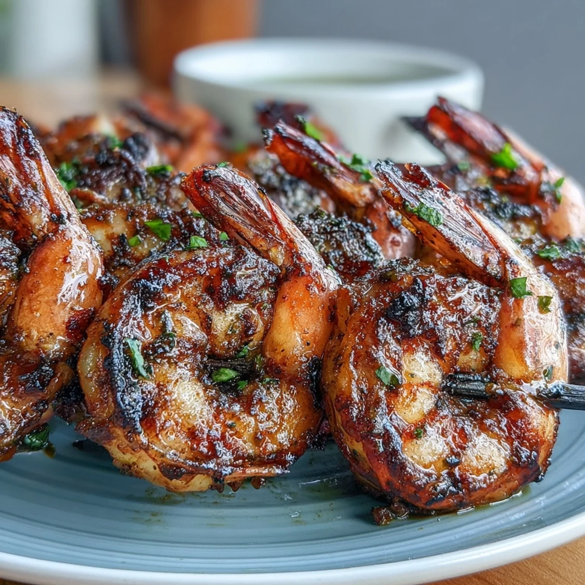 Juicy jerk-seasoned shrimp skewers grilled to smoky perfection, served over creamy coconut rice with a fresh lime wedge.  