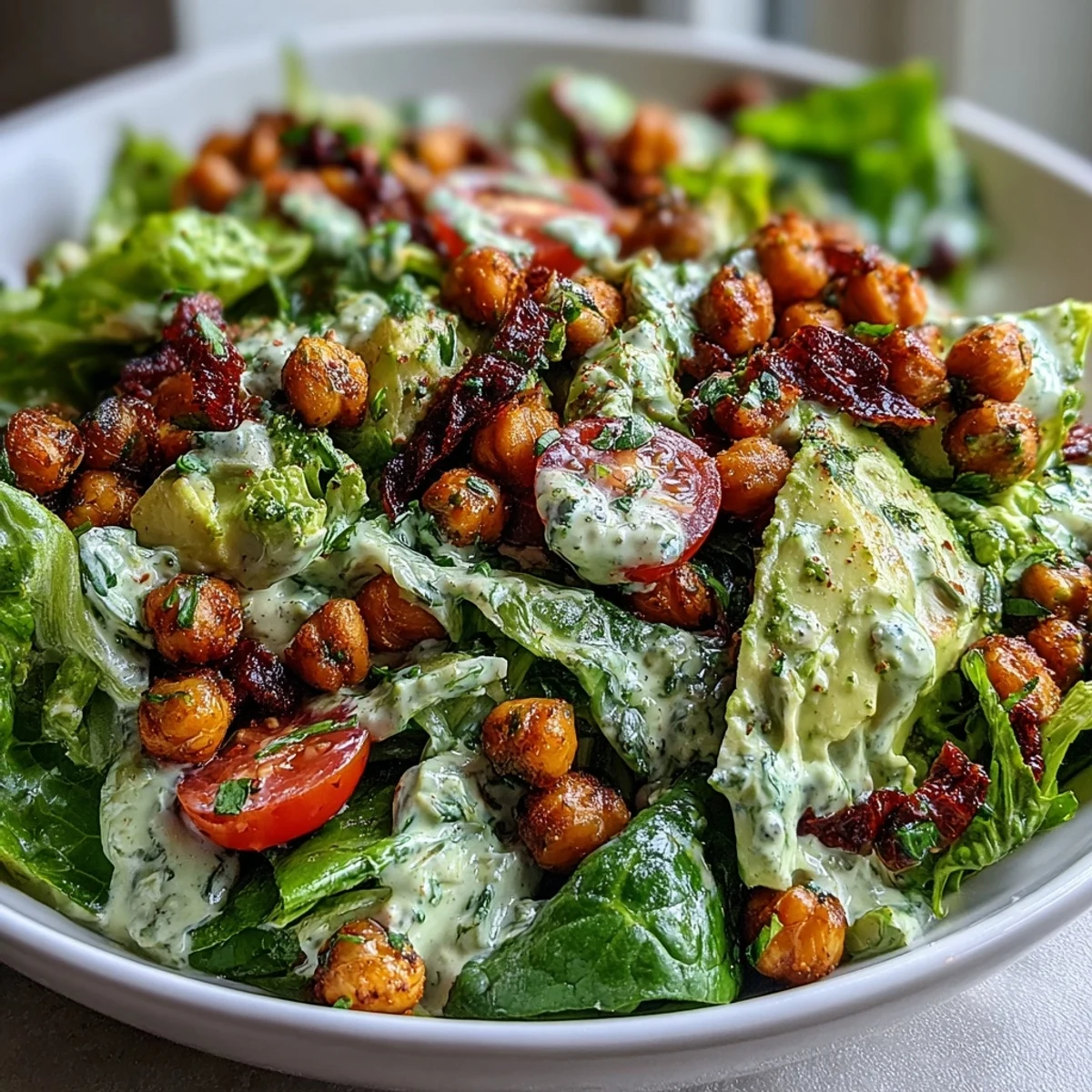 Vibrant green goddess salad featuring fresh spinach, cucumber, cherry tomatoes, and a rich pistachio dressing.  