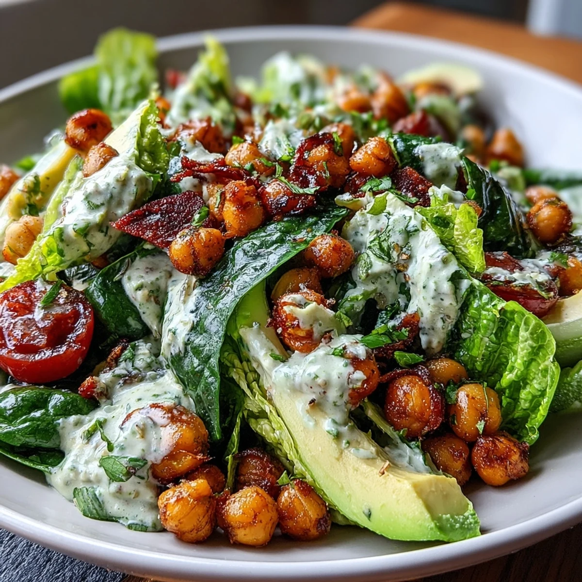 Creamy pistachio green goddess salad with crisp romaine, avocado, and roasted chickpeas in a herb-packed dressing.  