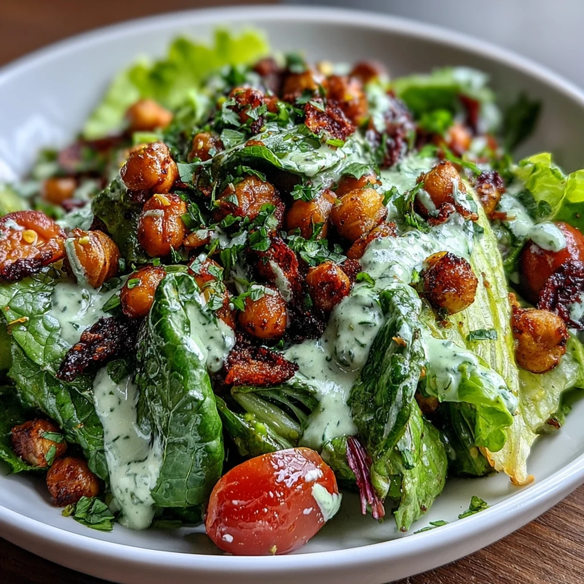 Refreshing green goddess salad with crunchy romaine, buttery avocado, and smoky roasted chickpeas in creamy dressing.
