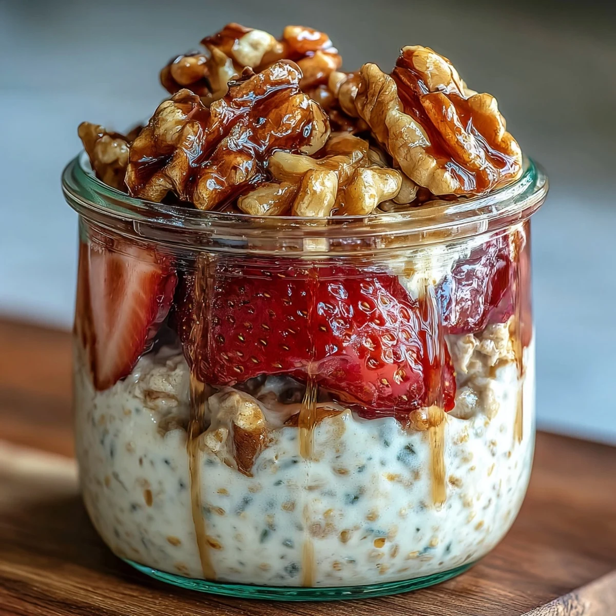 Creamy overnight oats layered with fresh strawberries and crunchy candied walnuts for a wholesome breakfast.  
