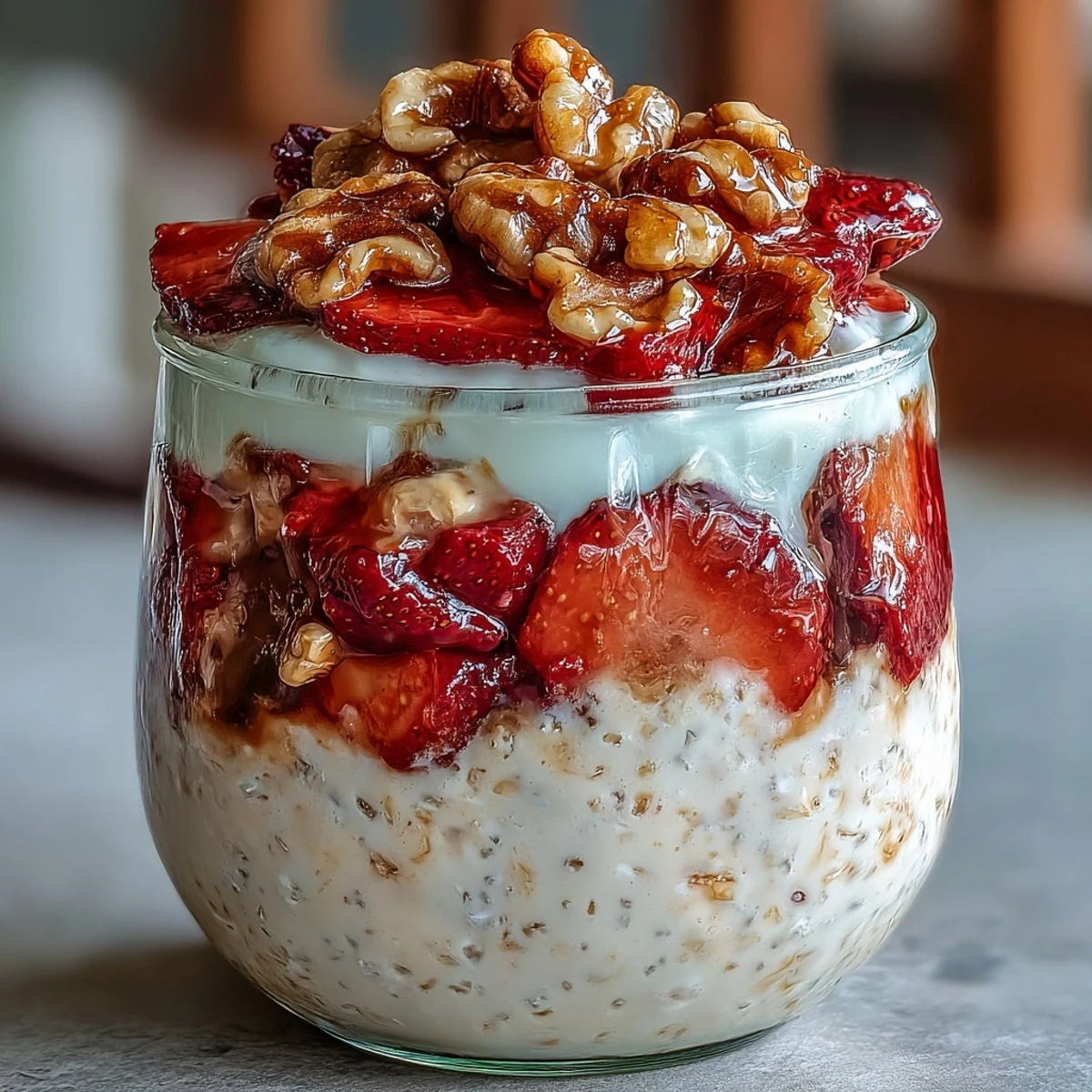 Healthy overnight oats topped with juicy strawberries and homemade cinnamon candied walnuts, naturally sweetened.