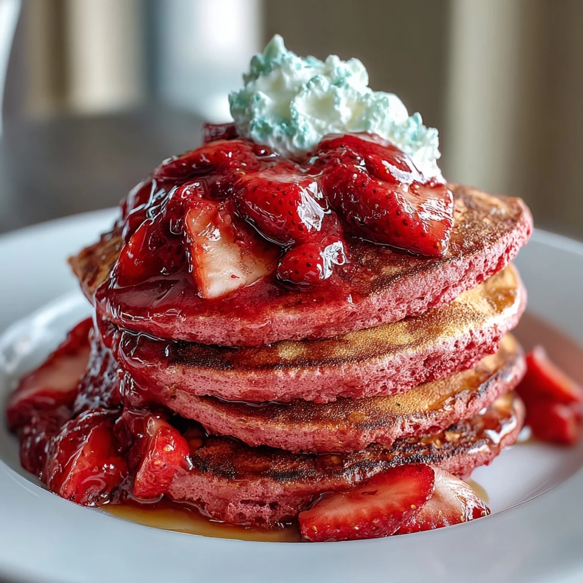 A stack of fluffy pink pancakes with a vibrant strawberry compote, perfect for a Galentine's brunch celebration.