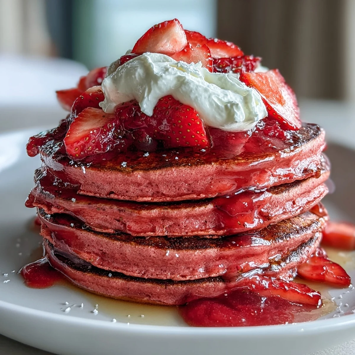These naturally pink beetroot pancakes are topped with luscious strawberry compote and fresh berries for a festive morning treat.