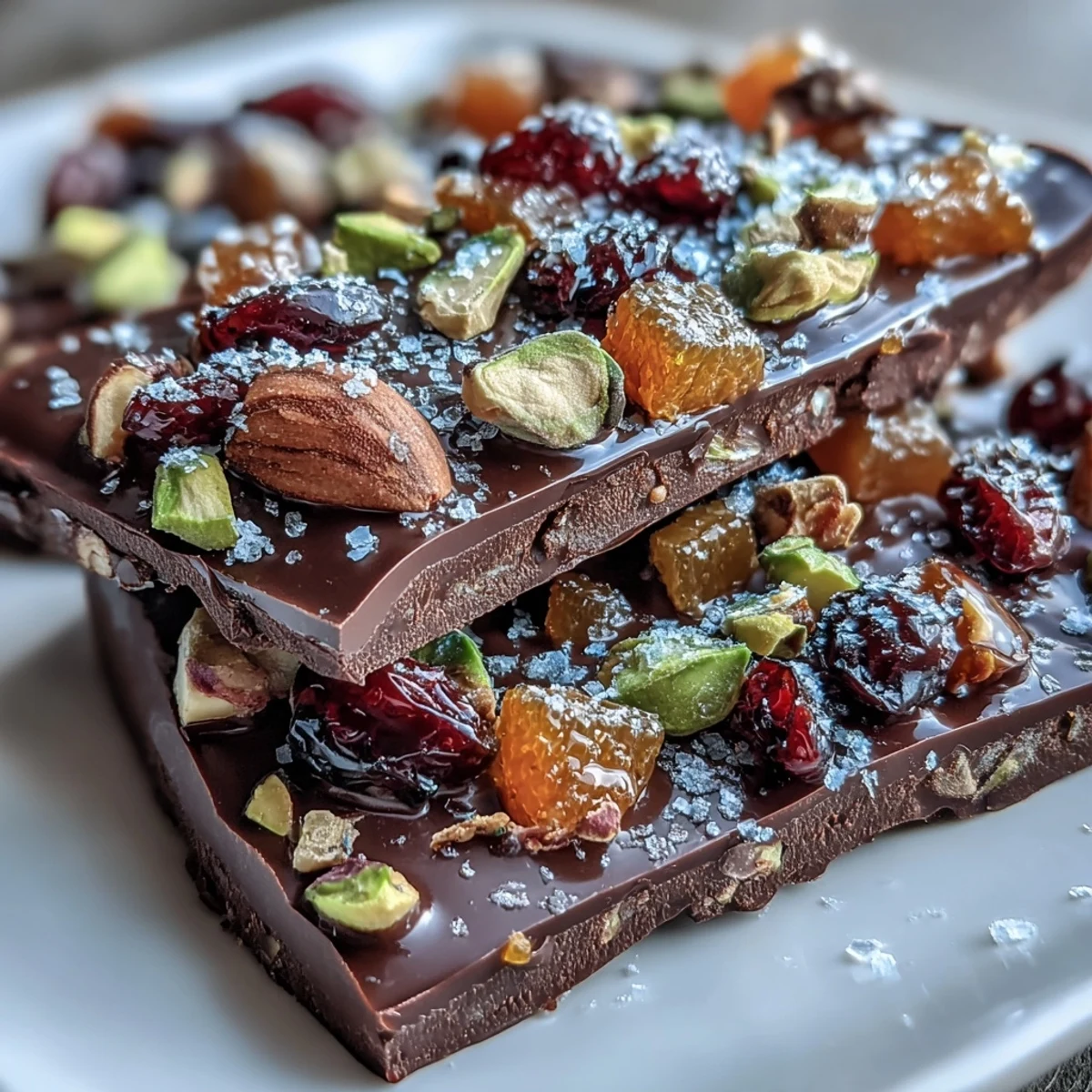 Velvety dark chocolate topped with candied orange peel, freeze-dried raspberries, and a sprinkle of sea salt for a sophisticated sweet indulgence.