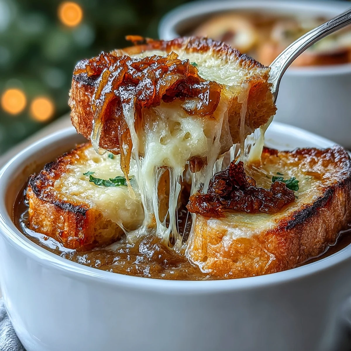 A steaming bowl of rich caramelized French onion soup topped with golden sourdough Gruyere crostini and melted cheese.