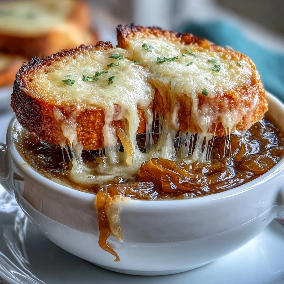 Homemade French onion soup featuring sweet caramelized onions and crispy sourdough Gruyere crostini, served piping hot.