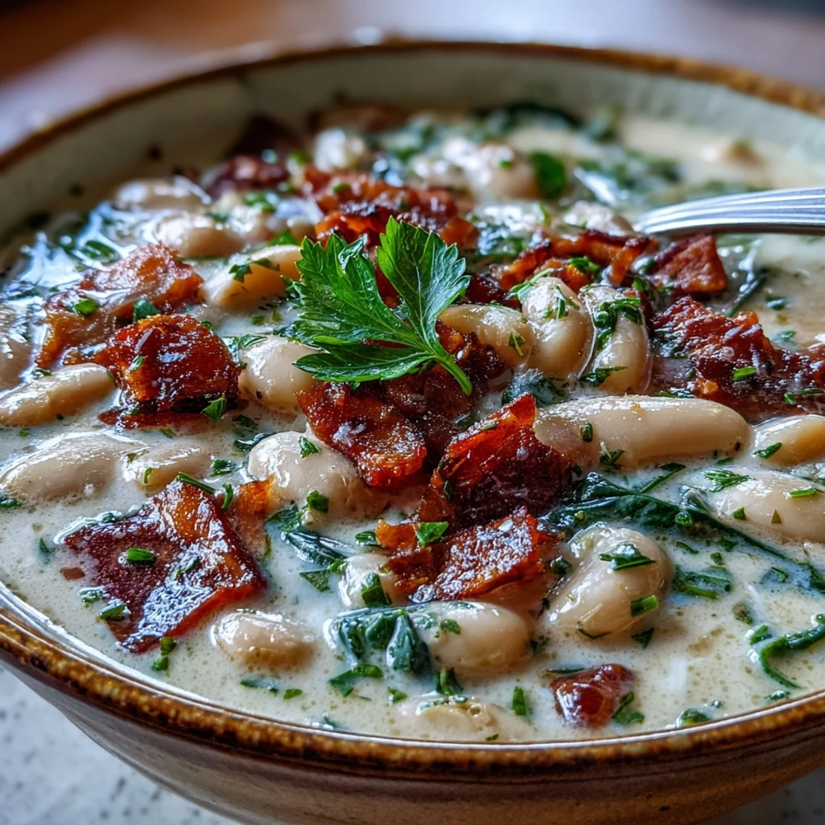 Warm bowl of creamy ham and white bean soup, garnished with fresh thyme and cracked black pepper for extra flavor.  