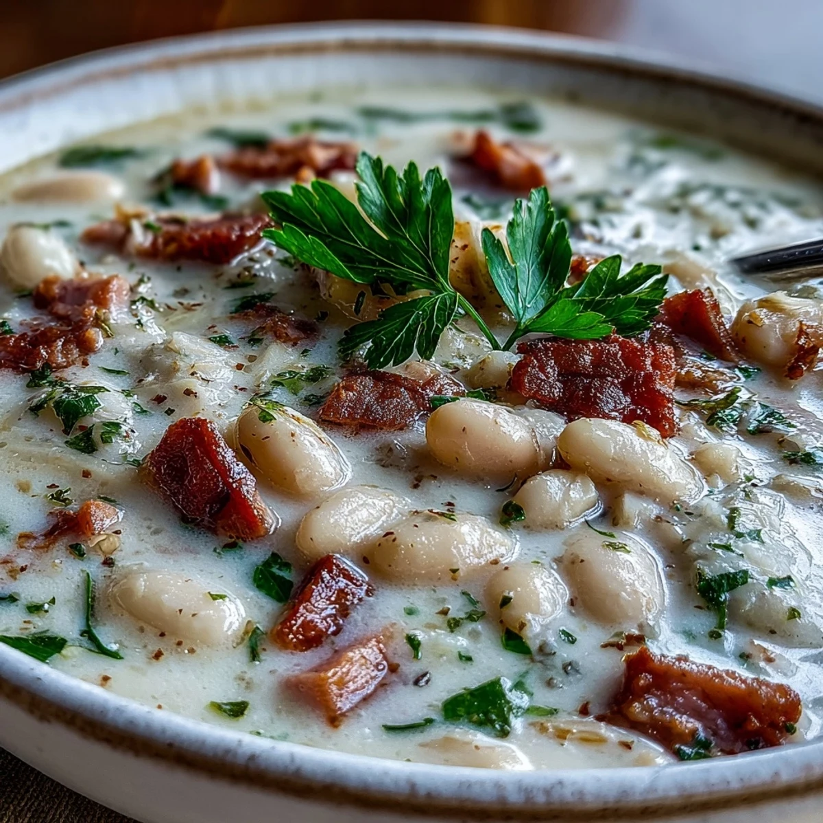 Hearty ham and white bean soup with Yukon Gold potatoes, simmered with aromatic herbs and finished with a swirl of heavy cream.