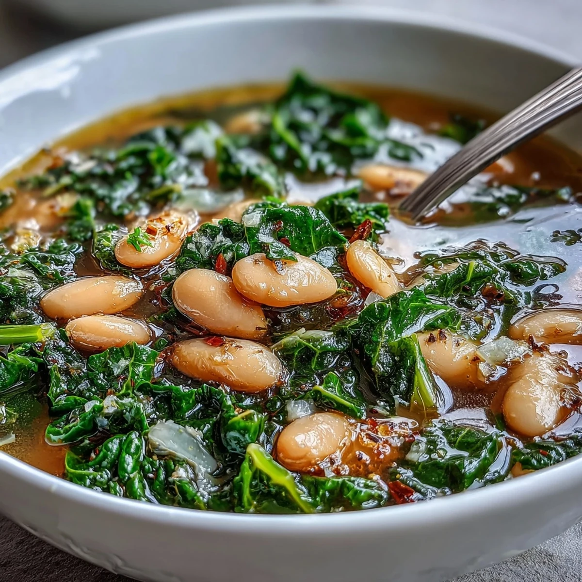 Hearty white beans and tender kale simmer in a fragrant broth infused with lemon zest and garlic in this nourishing soup.