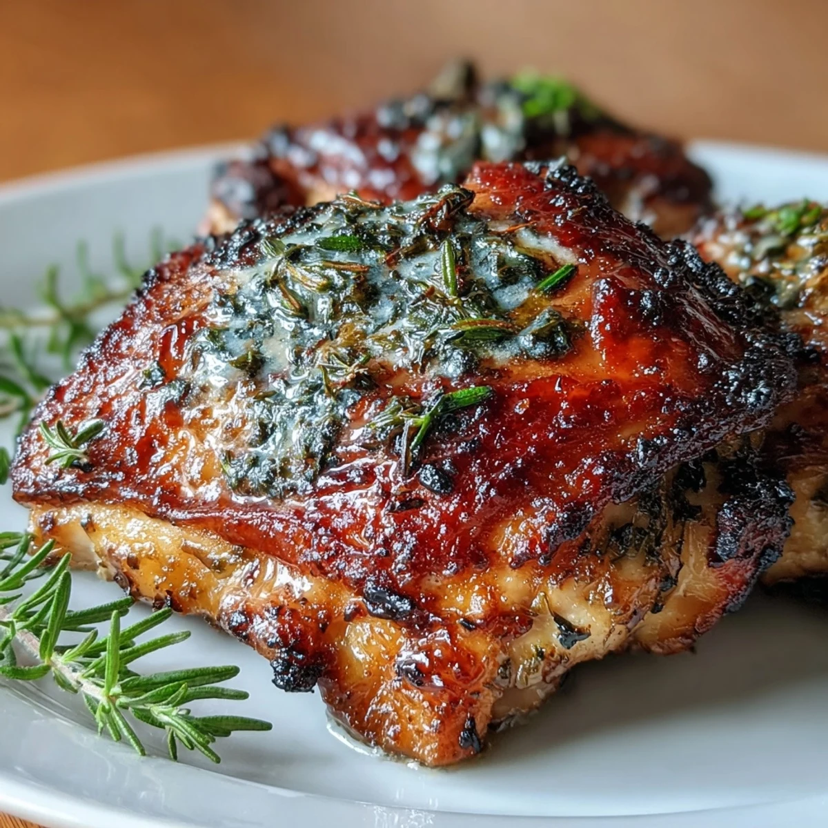 Herb roasted chicken thighs with baby potatoes and carrots, golden and juicy, baked to perfection in a savory herb blend.  