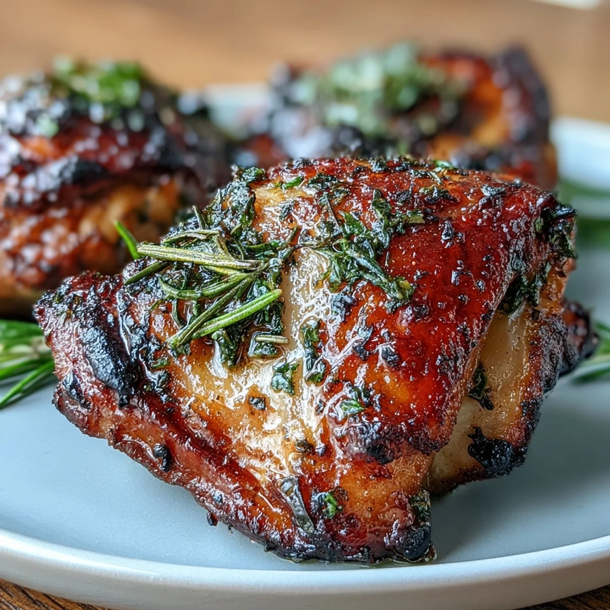 Crispy herb roasted chicken thighs with baby potatoes and carrots, seasoned with rosemary and thyme for a comforting family dinner.