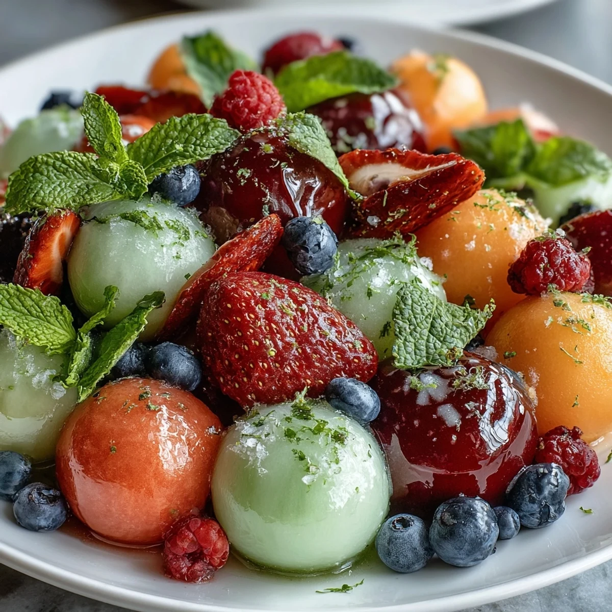 Vibrant summer fruit platter with berries, grapes, and melon balls arranged around a creamy honey-lime Greek yogurt dip.