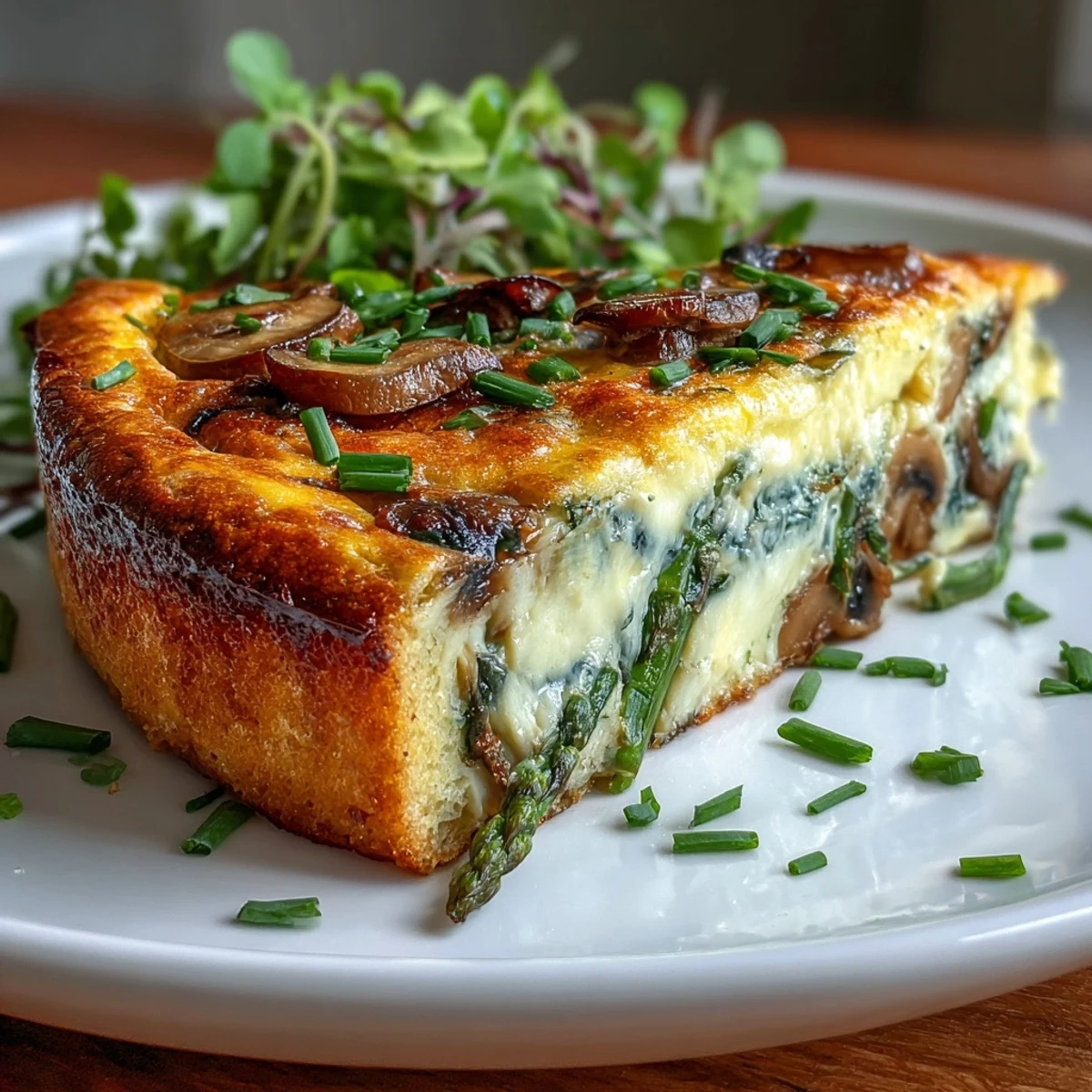 Wholesome spring flavors come alive in this asparagus and mushroom frittata, featuring a buttery sourdough crust and melted Gruyère cheese.