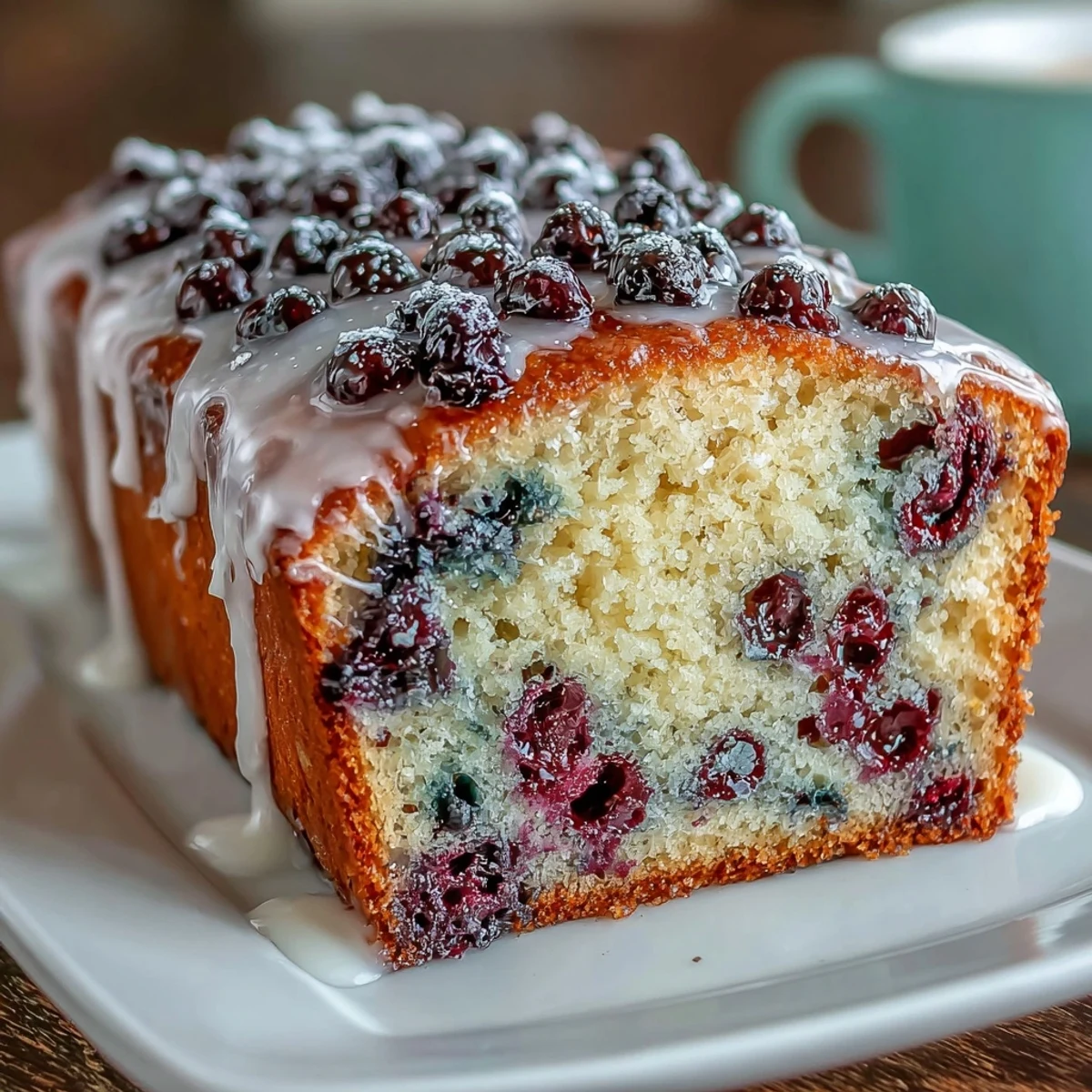 A tender lemon loaf studded with fresh blueberries and topped with a glossy lemon glaze, perfect for baby showers or afternoon tea.