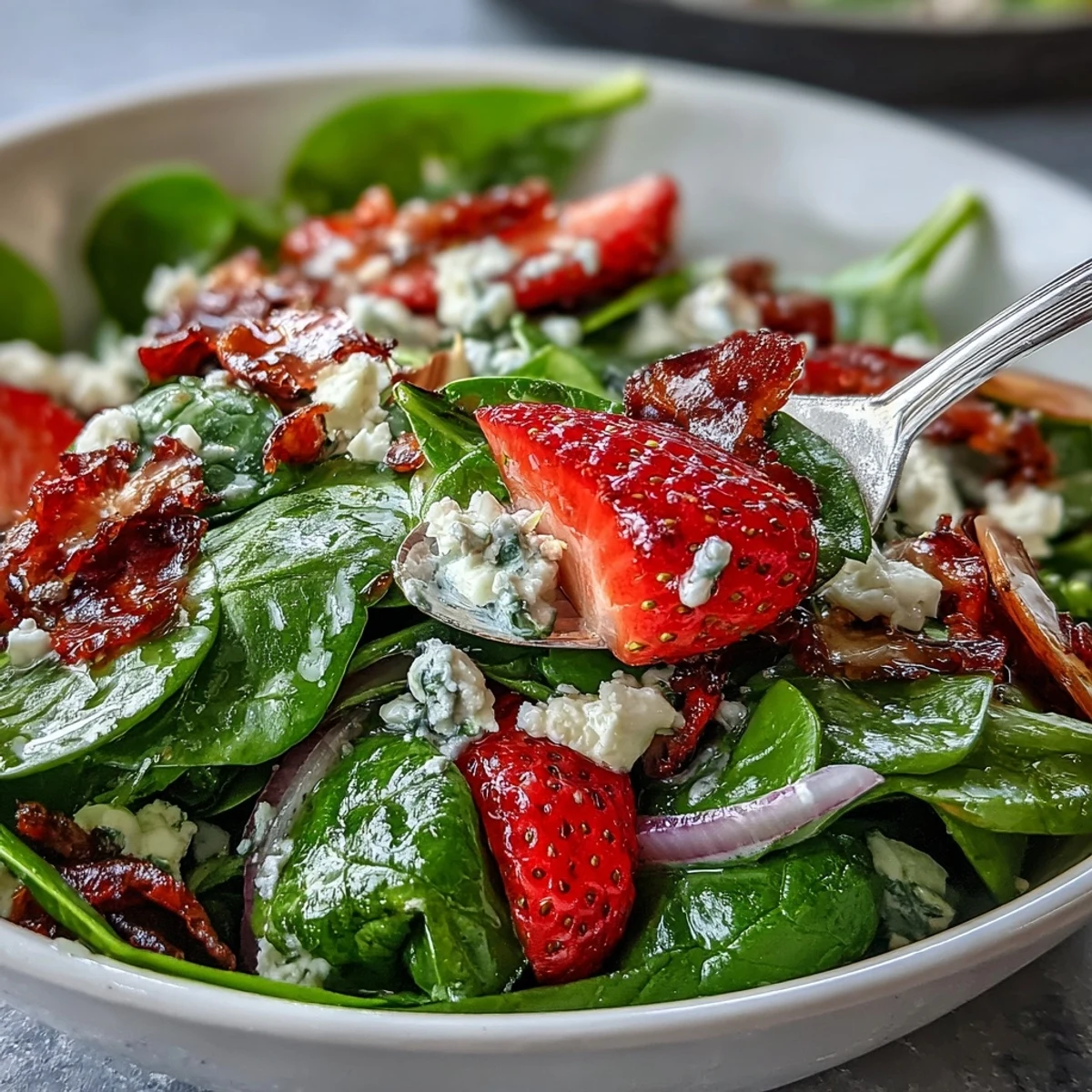 Baby in Bloom Spinach Strawberry Salad with Poppy Seed Dressing in a large white bowl, showcasing vibrant baby spinach, sliced strawberries, crumbled feta, and toasted almonds, drizzled with creamy poppy seed dressing.