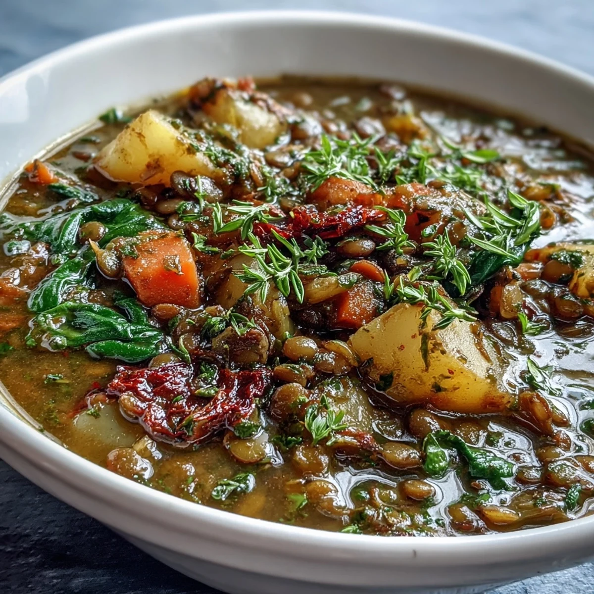 Hearty vegetarian green lentil stew with carrots and potatoes in a rustic bowl, garnished with fresh herbs for a comforting meal.  