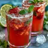 A refreshing blend of sweet strawberries, zesty lemon, and sparkling water, garnished with mint and served over ice for a cool sip.