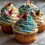 Spring cupcakes with pastel buttercream and charming butterfly decorations for festive celebrations.  