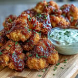 Smoky BBQ cauliflower wings and cooling vegan ranch dip, ready to enjoy.