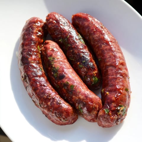 Golden-brown Tunisian Merguez sausage sizzling on the grill, ready to be enjoyed with couscous.