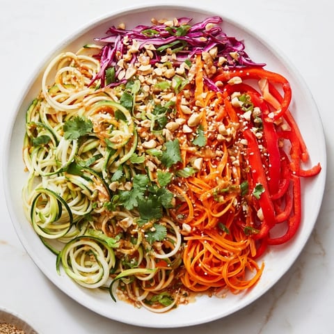A close-up of Raw Vegetable Noodle Salad with spiralized zucchini and carrot noodles tossed in a glossy sesame-ginger dressing.  