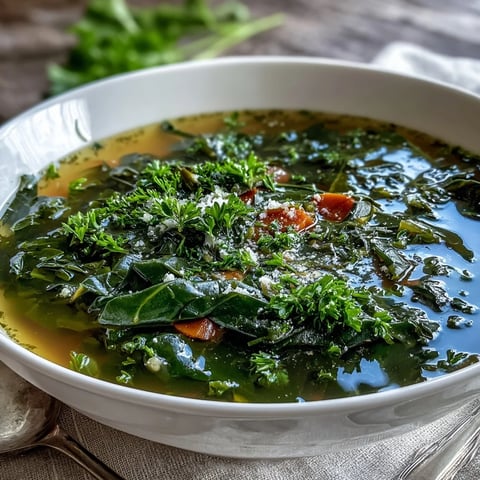 Steaming bowl of homemade Swiss Chard Soup garnished with fresh parsley and Parmesan. 