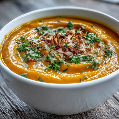 Warm Carrot and Coconut Soup in a white bowl, garnished with cilantro and toasted coconut.