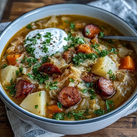 Hearty Sauerkraut Soup in a rustic bowl garnished with sour cream and fresh parsley.