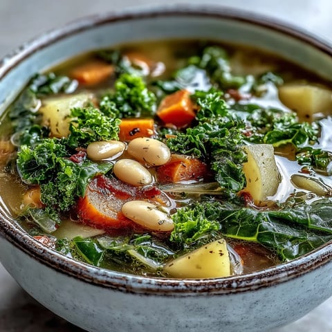Steaming bowl of homemade Kale Soup with beans, carrots, and potatoes, garnished with lemon and thyme.