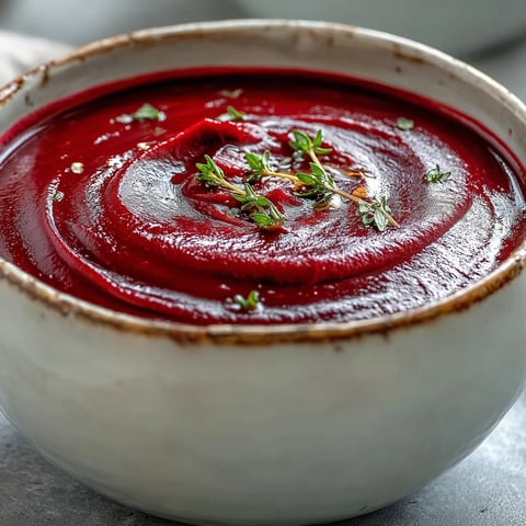 Earthy, velvety Roasted Beet Soup in a white bowl with a fresh thyme garnish.