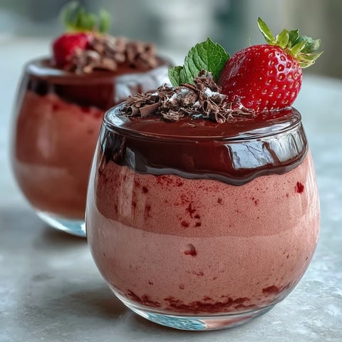 Chocolate-Covered Strawberry Mousse layered in a glass with silky ganache and fresh berry garnish