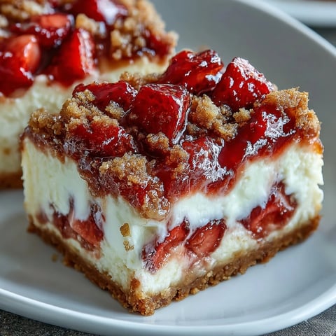 Freshly baked Strawberry Cheesecake Bars with a golden cinnamon streusel topping, perfect for a sweet dessert.