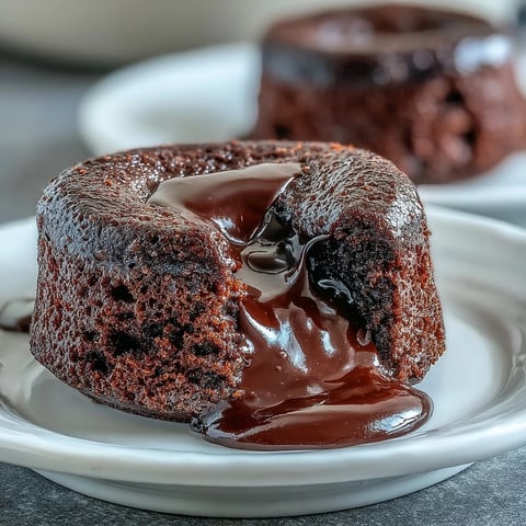 Freshly baked Chocolate Lava Cakes with espresso powder sit on a white plate, showcasing a rich, molten chocolate center.