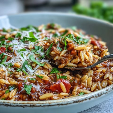 A close-up of Comforting Ground Beef Orzo Dinner in a skillet, featuring tender orzo, savory beef, and sweet bell peppers in a rich tomato broth.
