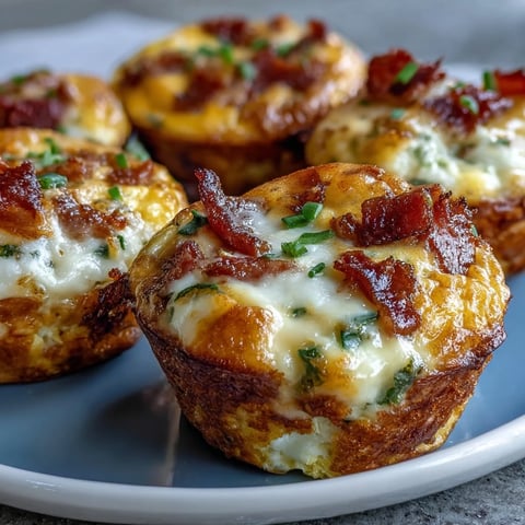 Golden-brown Breakfast Egg Muffins packed with melted cheddar, crumbled bacon, and bell peppers, served warm on a plate.