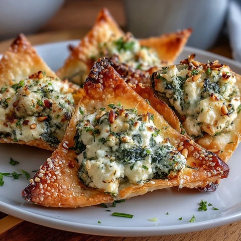 Golden Mediterranean Spinach and Feta Cheese Crisps baked in wonton cups topped with fresh parsley and paprika.