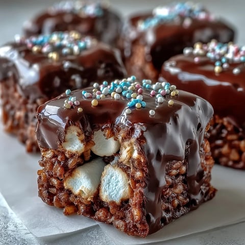 Golden squares of Chocolate Covered Rice Krispy Treats topped with rainbow sprinkles, ready to serve at a birthday party.