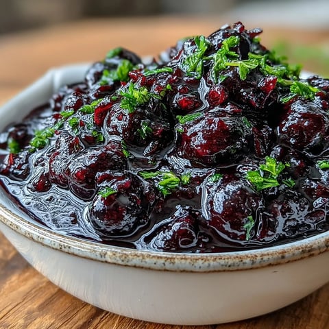 Dark purple Black Currant Reduction simmering in a saucepan with red wine and herbs.