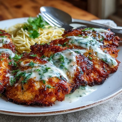 Golden, crispy Lemon Parmesan Crusted Chicken cutlets sizzling in a skillet.