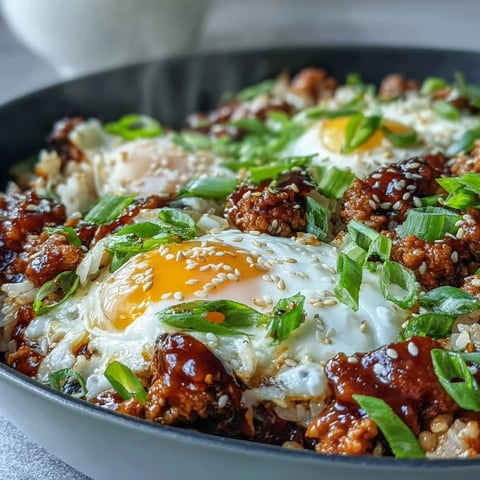 Creamy Korean Turkey Rice Skillet features ground turkey, fluffy rice, and a jammy halved egg on top, ready to enjoy.