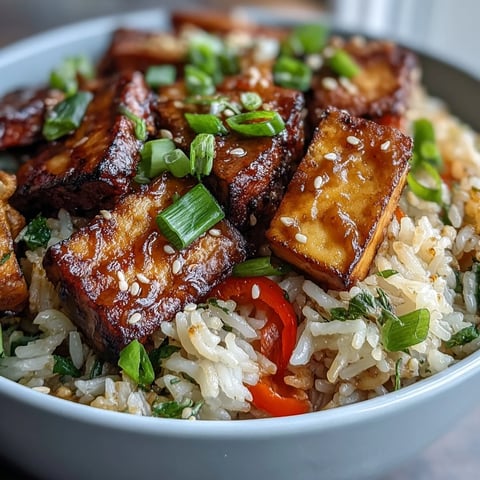 Golden cubes of crispy tofu and colorful vegetables glisten with sesame sauce in this Crispy Sesame Tofu Fried Rice.