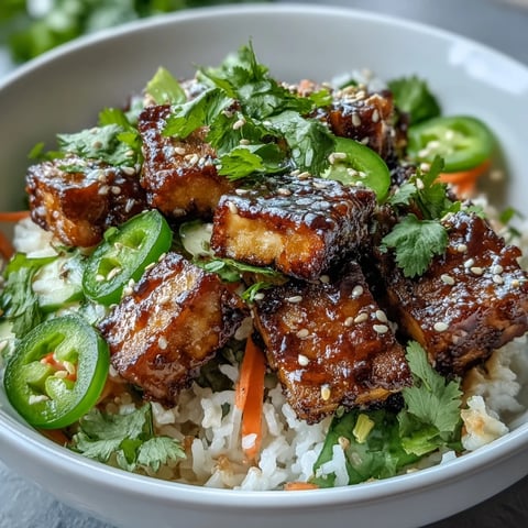 A colorful vegan bowl with crispy tofu, pickled vegetables, and fragrant jasmine rice topped with spicy sriracha mayo and fresh cilantro.  
