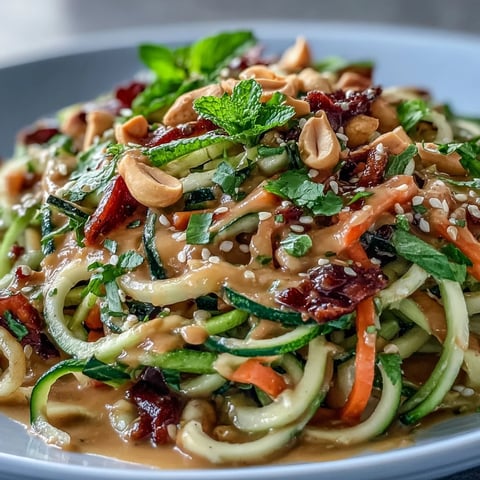 Vibrant Vegan Thai Peanut Zucchini Noodle Salad with colorful crunchy veggie ribbons and creamy peanut dressing, garnished with chopped peanuts and sesame seeds.  