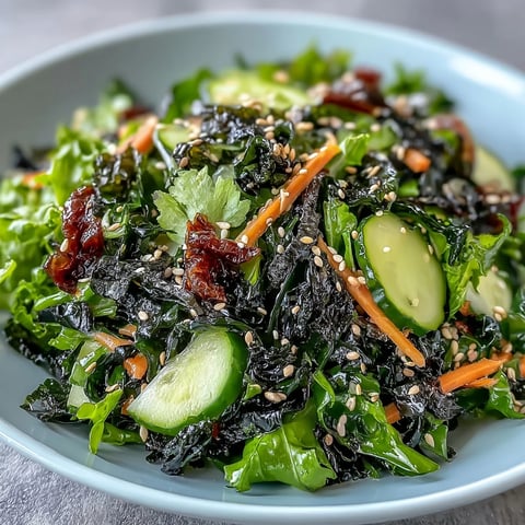 A vibrant seaweed and nori salad with crisp greens, crunchy seaweed snacks, and a zesty ginger-soy dressing.  